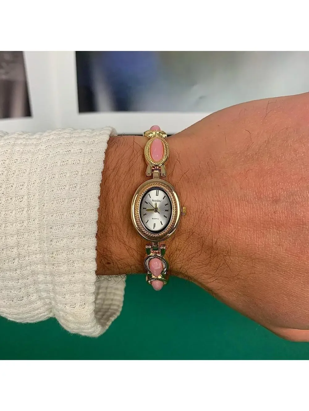 Y2k style Dainty cute Gold style tone quartz watch with pink jade stone opal acc